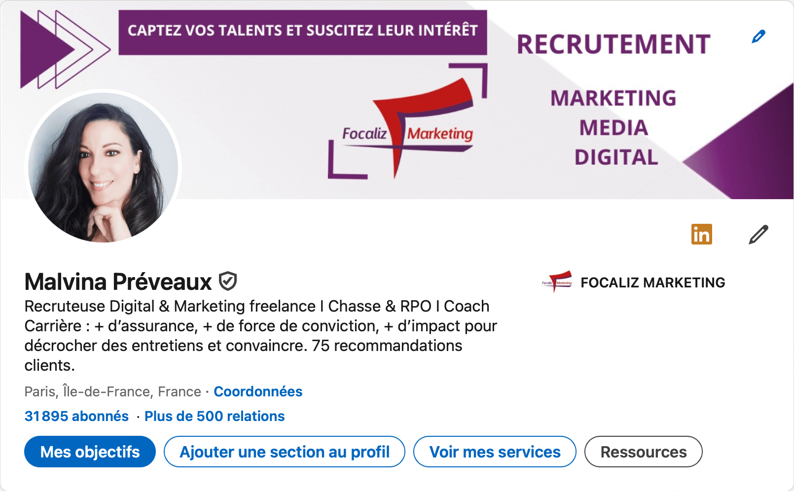 Profil Linkedin Malvina Préveaux recrutement marketing 2.0